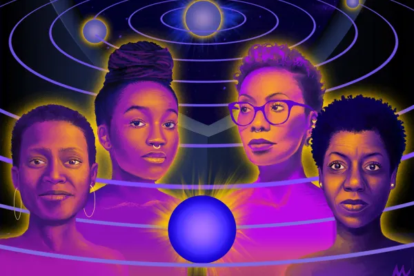 Dark blue, purple and pink drawing of the four speakers against the solar system