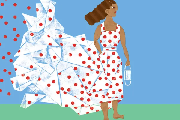 Illustration of a person of color in a white dress covered in red dots. The red dots continue up into the air.