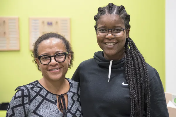 Monica Dean (left), director of the Jill Ker Conway Innovation & Entrepreneurship Center, and Zoleka Mosiah, who won the top prize at this year's Elevator Pitch Contest.