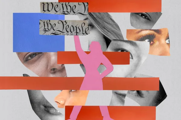 Collage of faces, a pink silhouette, and the start of the constitution