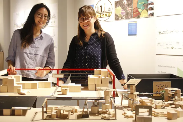 Flora Weil '17 (left) and Sarah Duckett '17, two of the nine Smithies who designed "parklets" for the City of Northampton. Photo by Isabella Casini '17.