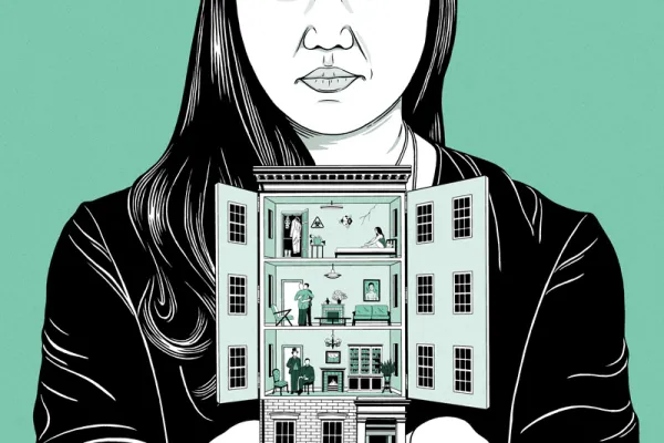 Illustration of Hanya Yanagihara holding a brownstone with the walls open to show the private lives of the inhabitants