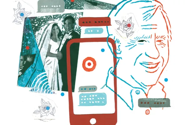 Blue and red Illustration, including overlapping outline of a man's head, a grainy wedding photo, and a smart phone