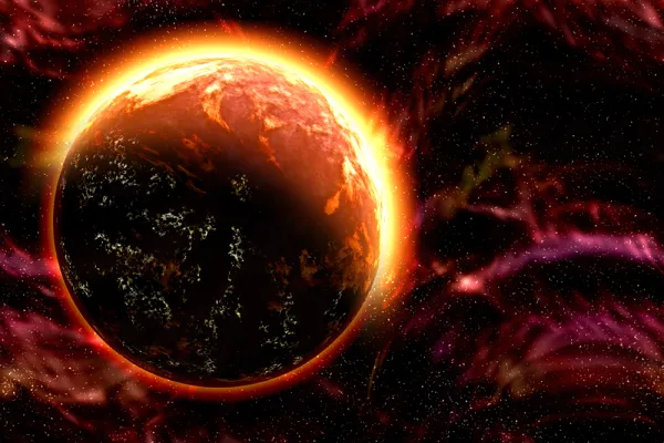 Illustration of a dark earth with flames around the edges