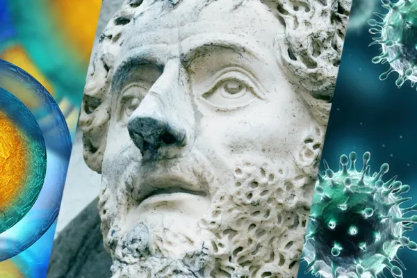 Graphic of a statue of Plato superimposed on images of cells and molecules