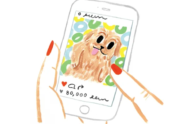 illustration of hands with red nails holding a smart phone with a picture of a dog