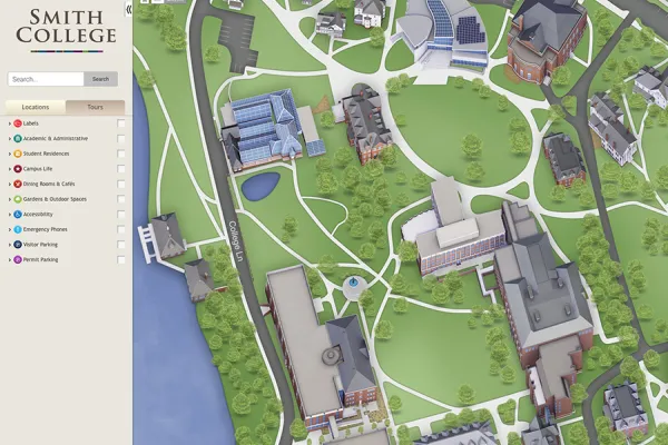 Screen capture of the campus map feature focused on center campus