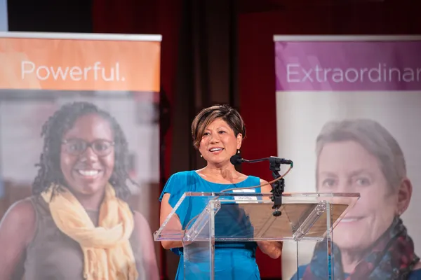 Marianne Yoshioka, dean of the Smith College School for Social Work, speaks at a Centennial celebration for the school.