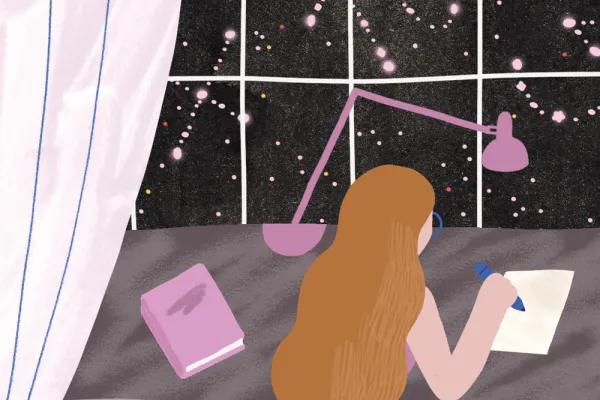 Illustration of a person with long hair work at her desk with a bright sky of stars out her window