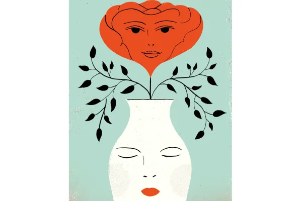 Anthropomorphized red smiling rose in a white vase with peaceful closed eyes