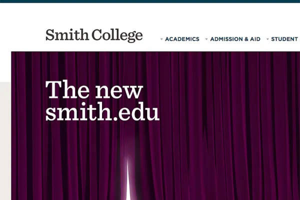 The Smith home page hidden behind a purple curtain with the text The New Smith.edu