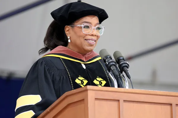 Oprah Winfrey speaking at the Commencement podium