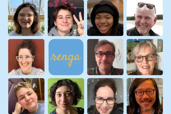Collage of selfies, including students and professors with a range of gender presentations. In the middle is "renga" against a blue background
