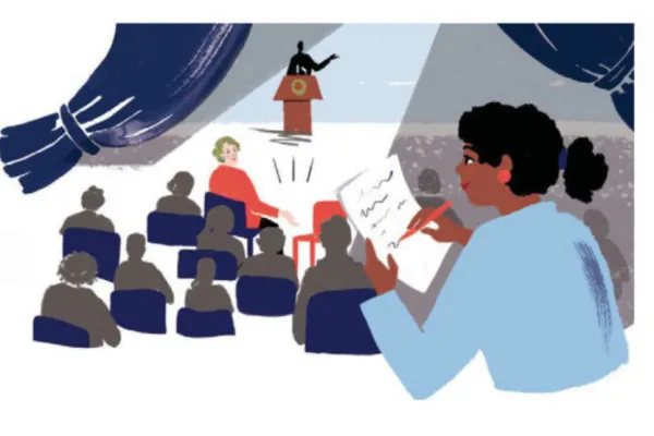 Illustration of a black reporter taking notes during a speech