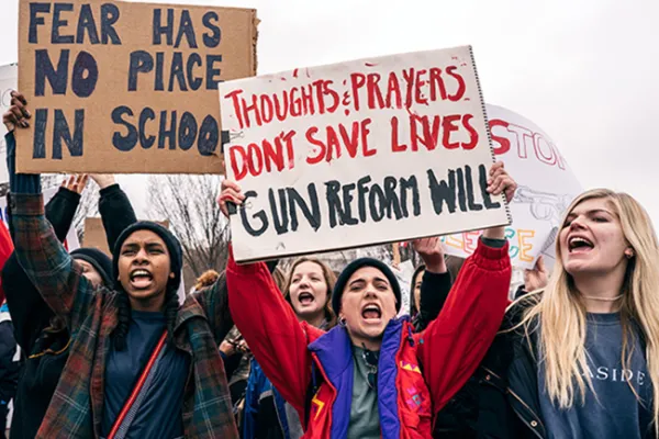 A demonstration organized by Teens For Gun Reform, a group created in response to the shooting at Marjory Stoneman Douglas High School. Lorie Shaull, CC BY-SA 2.0, via Wikimedia Commons.