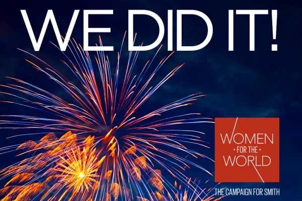 Fireworks in a night sky with text saying We Did It! The Campaign for Smith