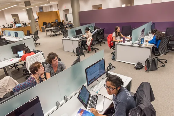 Students working in new carrells in Young Library