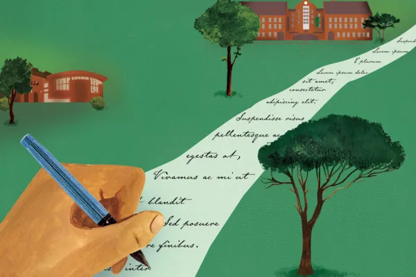 Illustration of a hand writing on a manuscript as it flows past the Quad and Neilson library