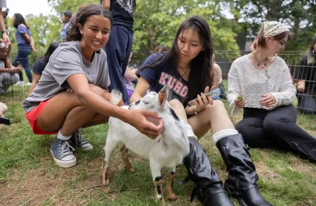 New students pet a baby goat during Pet-A-Pet