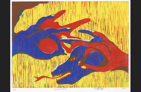 Woodcut by Charlotte Holt '20, "Shadow Hands"