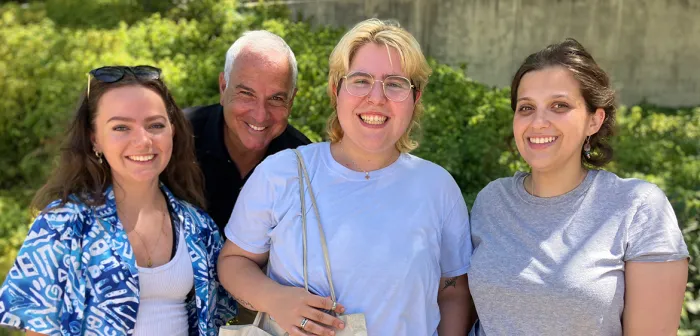 Jessica Johnson '23, Annie Slate '24, and Dora Kianovsky '23 with Professor Justin Cammy learning at the Tel Aviv University Yiddish summer program, July 2023. 