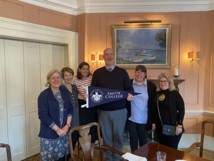 Alums in London meet with Kevin Morrison, director of the Lewis Global Studies Center, and Lisa Johnson (second from right), associate dean for international study. Thank you to Candy Beery ’64 (second from left) for her hospitality and generosity.