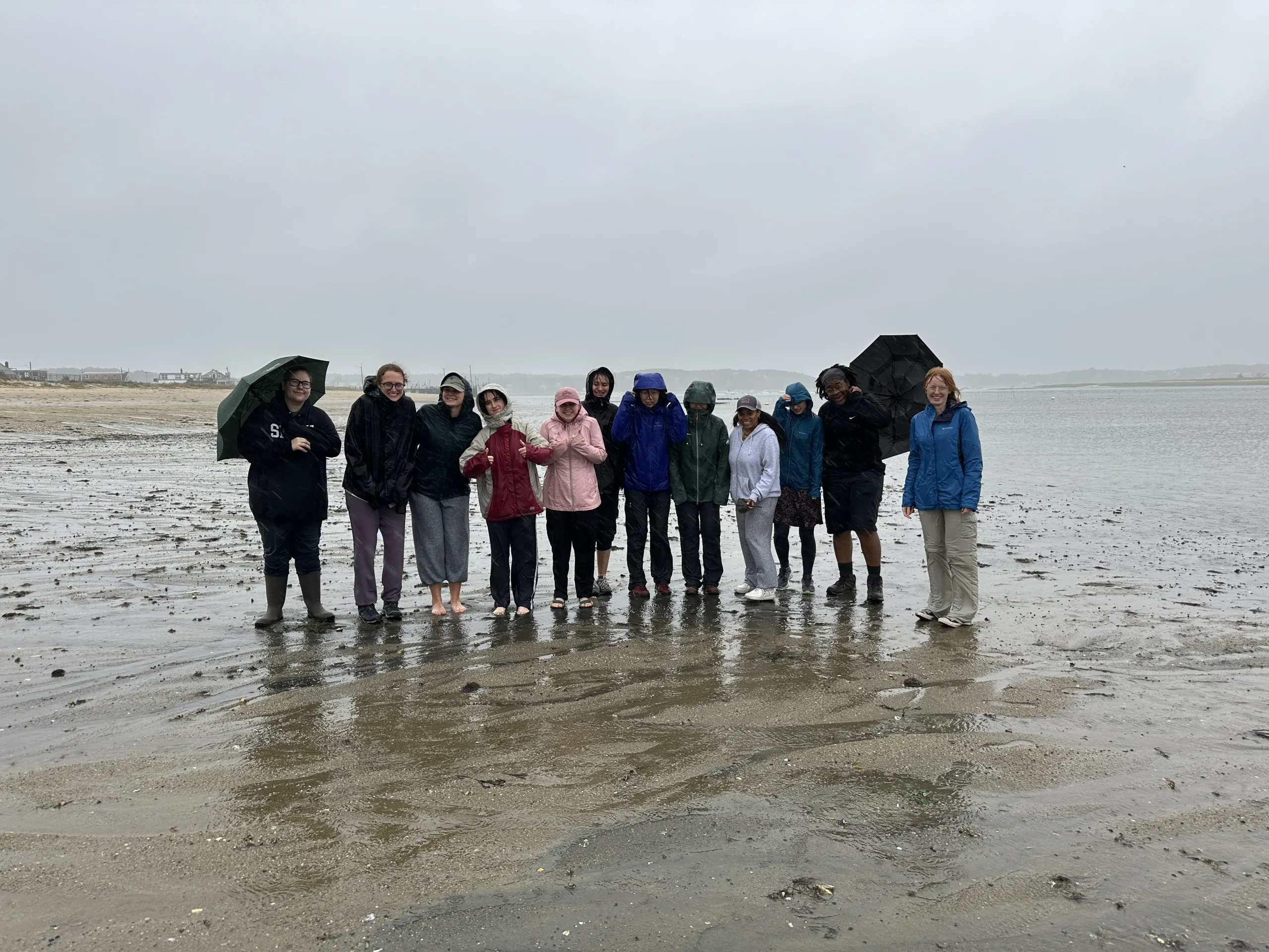A group of twelve people lined up together on a wet, sandy beach under a dark, overcast sky during rainy weather. Everyone is dressed in rain slickers, winter jackets, hooded coats, or holding umbrellas, with wet sand reflecting their shadows in front of a calm body of water.