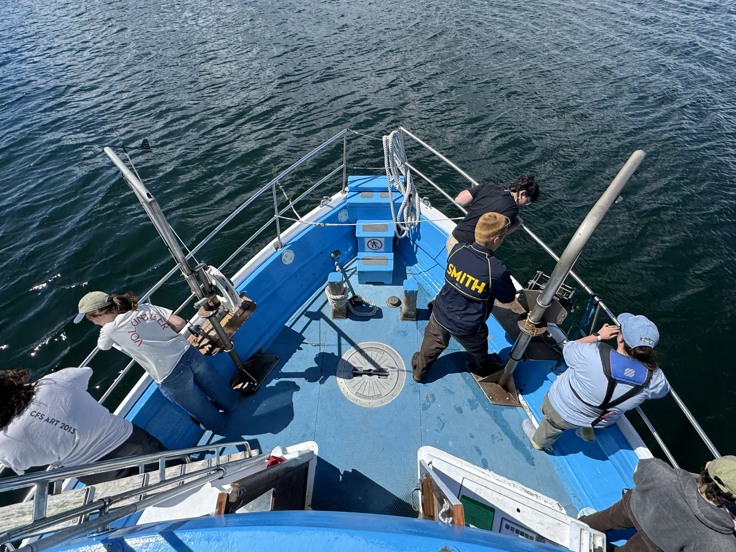 An overhead view looking down at the front bow of a blue research vessel moving through deep blue water. Several people stand around the deck and railings, operating equipment or observing the ocean, with one person wearing a jacket printed with "SMITH" on the back.
