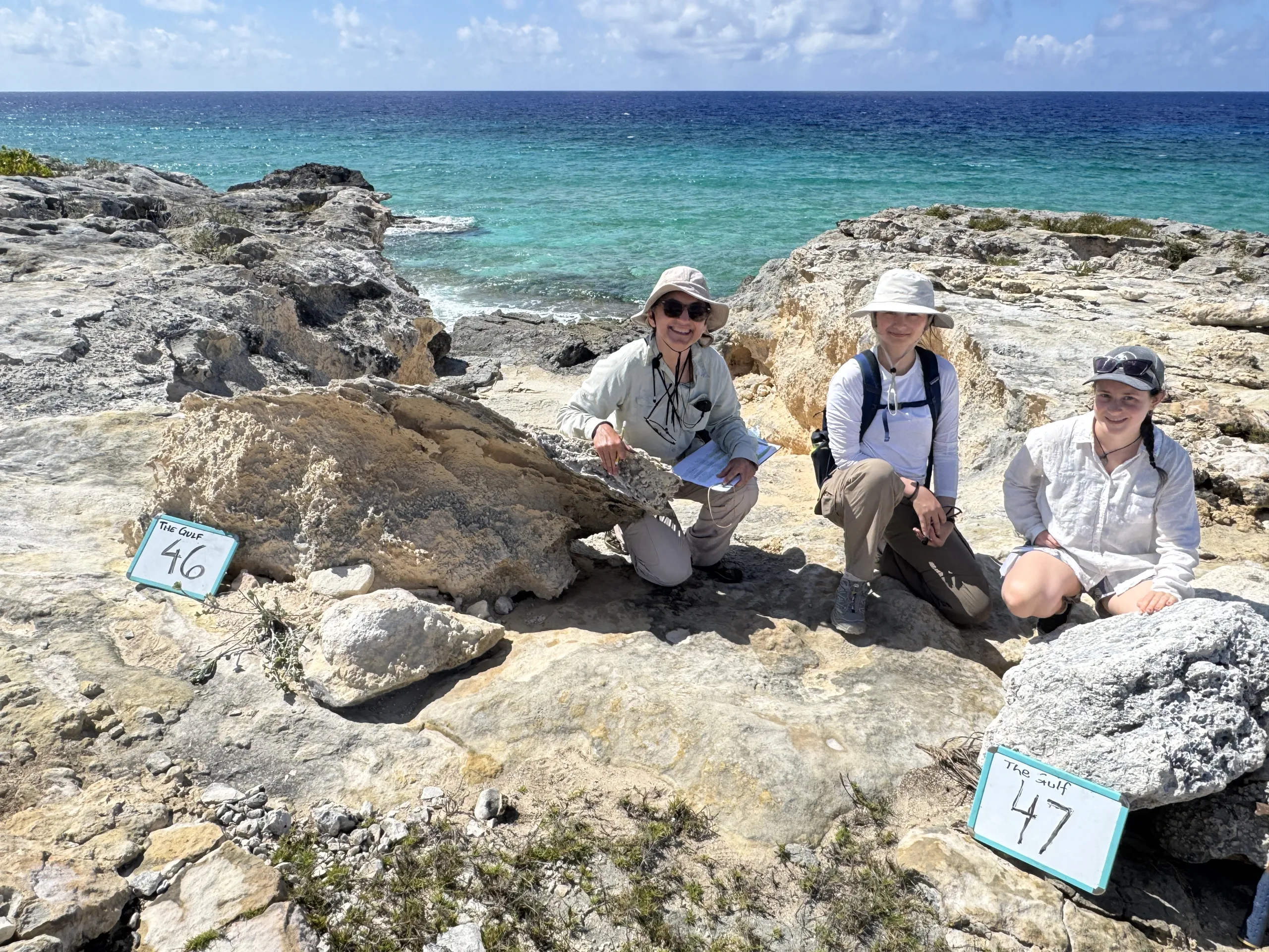 Three researchers wear sun hats and long sleeves while kneeling on a rocky, exposed coastal outcrop beside vibrant turquoise ocean waters. Two field marker signs reading "The Gulf 46" and "The Gulf 47" are placed on the ground near them.