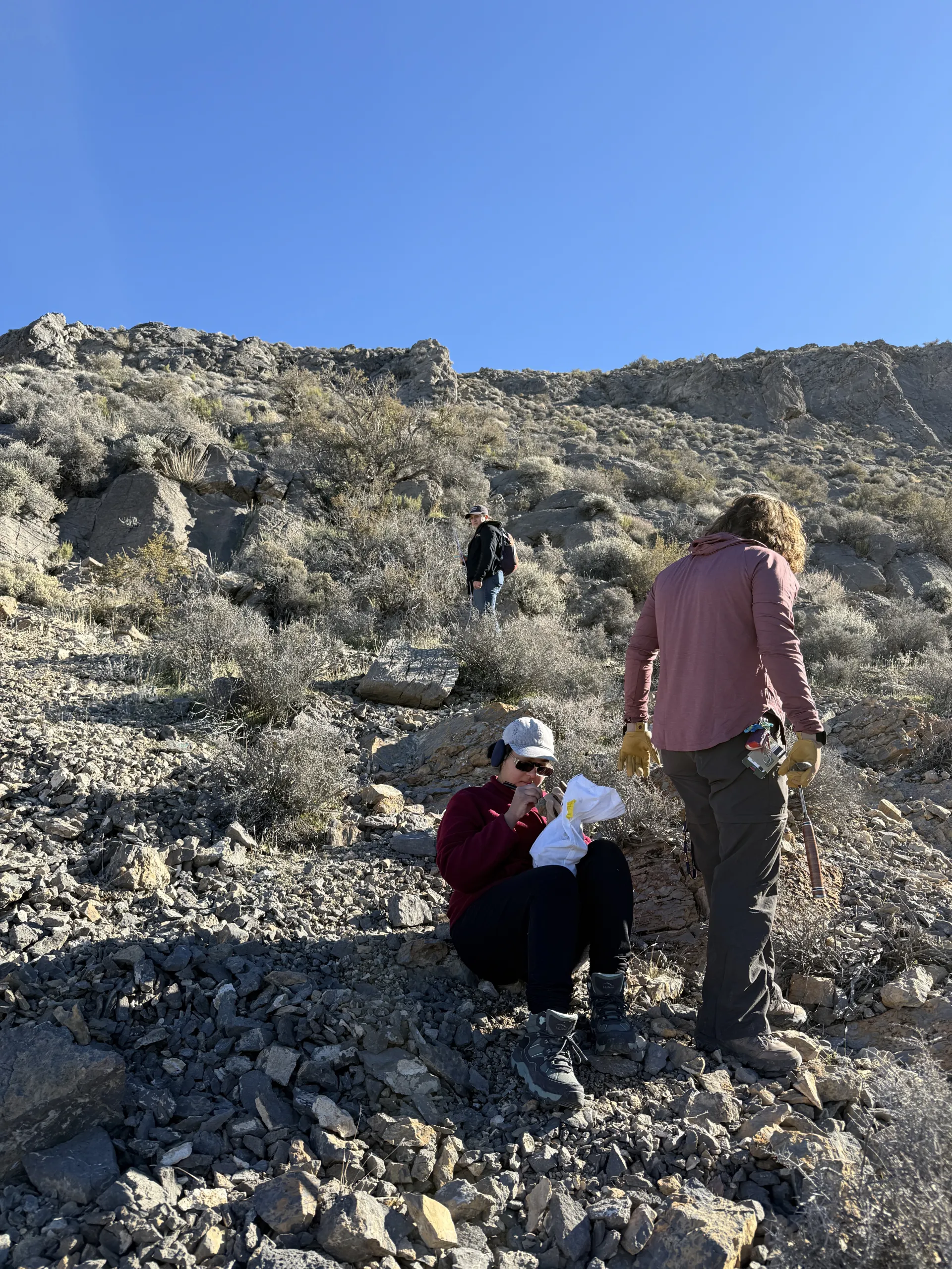 Three researchers work along a steep, rocky mountain slope covered in sparse desert scrub under a clear blue sky. In the foreground, one person sits on the loose gravel ground labeling a white sample bag while another stands nearby in work gloves holding field tools. Higher up the slope in the background, a third person stands near the hillside.