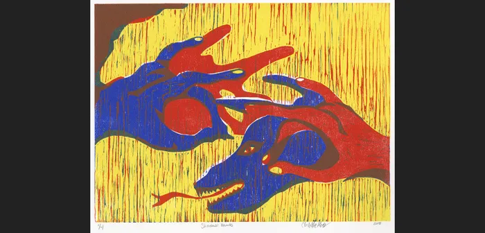 Woodcut by Charlotte Holt '20, "Shadow Hands"