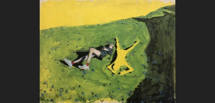 Oil on panel painting of two people lying on the grass, by Mary McGing '21.