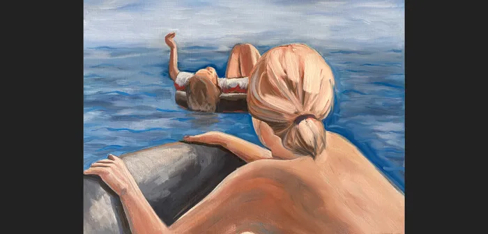 Oil painting of two people swimming by Mayellen Matson '21