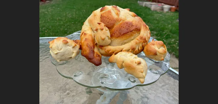Baked bread sculpture, "Dragon Mother," by Sarah Erickson