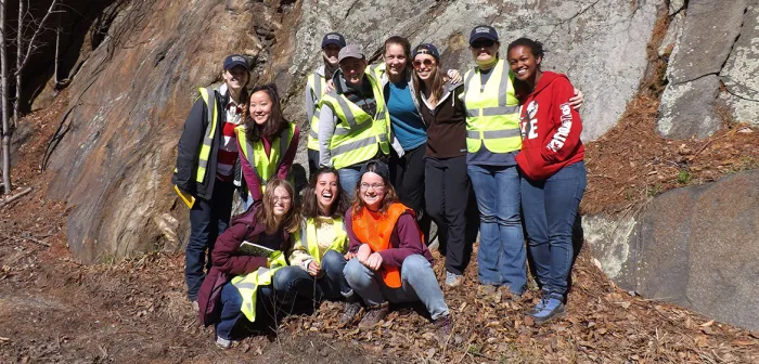 Structural Geology students in front of the Route 9 boudins in Cummington