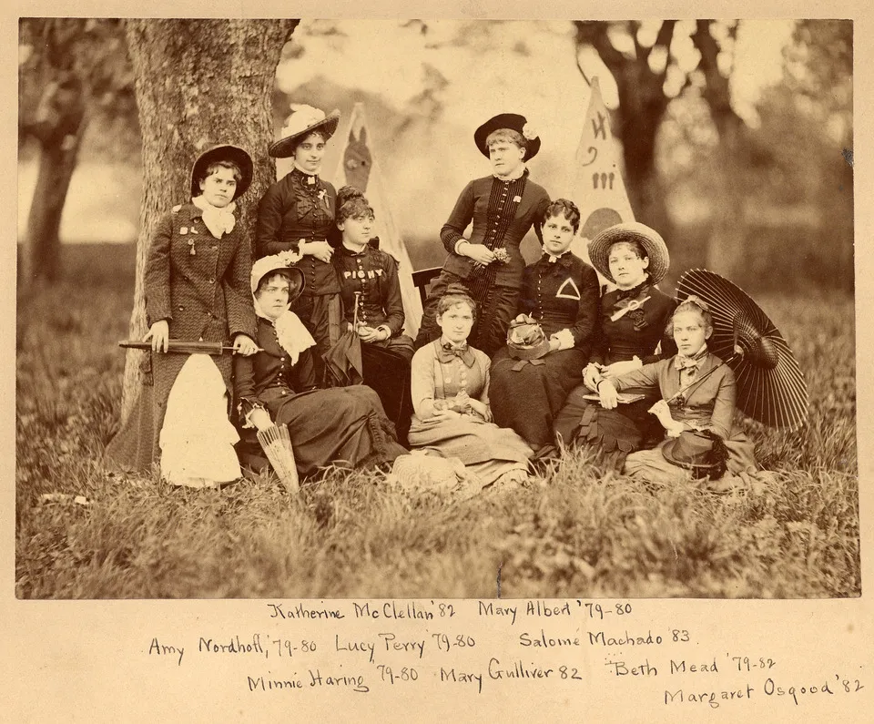 Smith College students outside on Mountain Day in 1880
