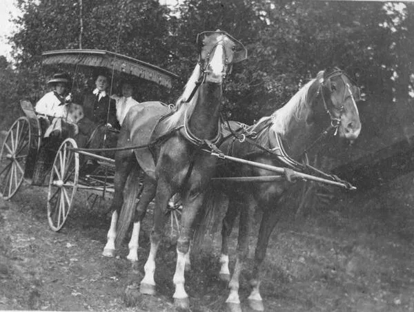 Smith students in a horse-drawn carriage on Mountain Day in 1909