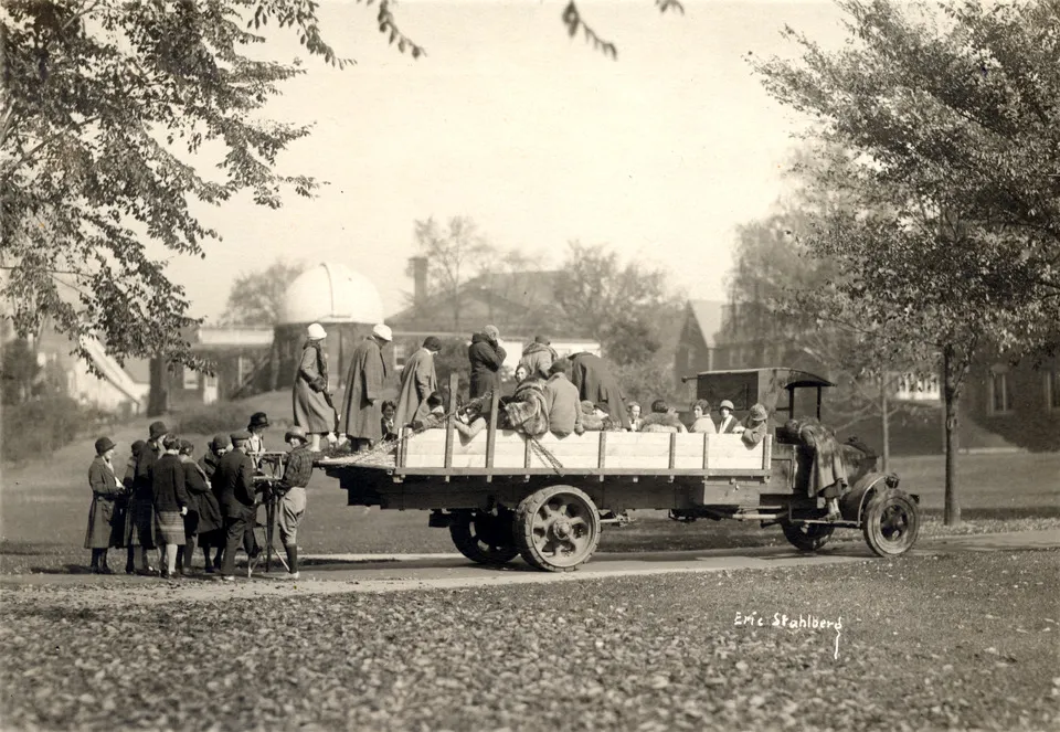 The Smith College Outing Club on a flatbed truck on Mountain Day in 1925