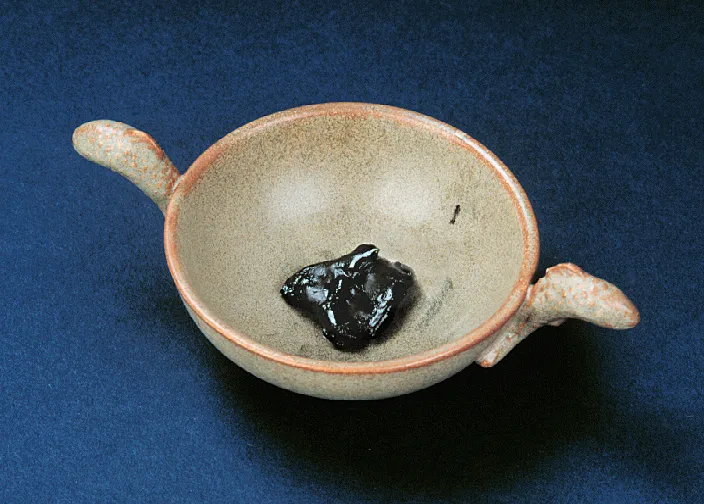 A tan ceramic bowl with two small handles contains a glossy, dark substance at its center