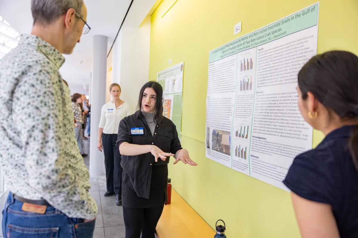 A student explains their poster presentation at Collaborations