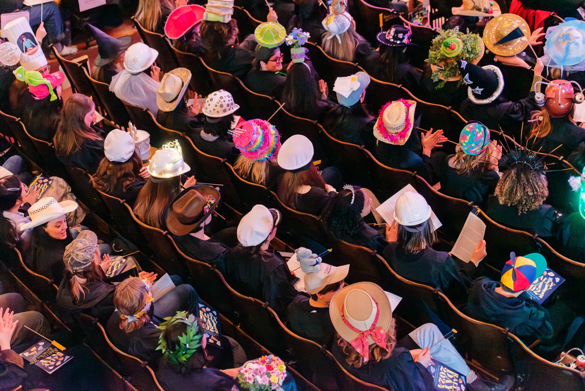 An aerial view of students during Rally Day in JMG, wearing colorful hats