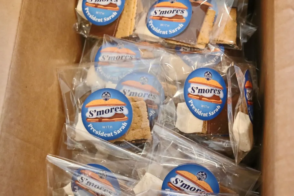 A pile of several completed s'mores packages in a box.