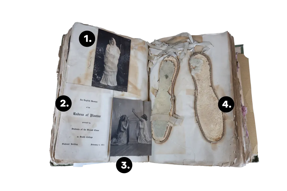 A photo of the scrapbook of Fronia Fisher 1913. 1: photo of her in costume, 2: program for a play, 3: stage photo, 4: toe shoes