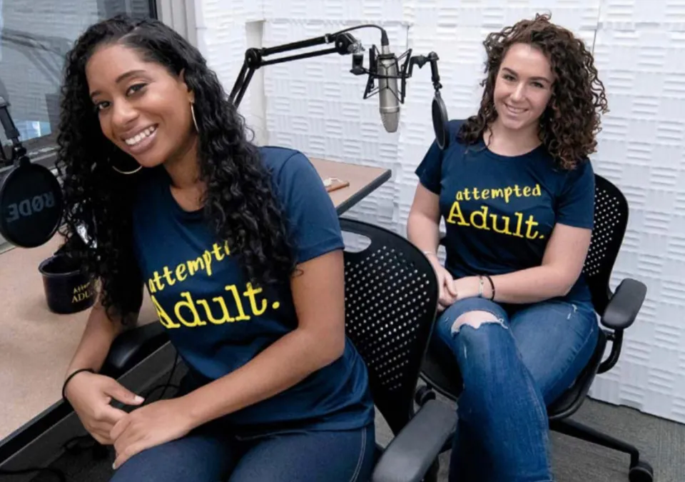 Kristina Mereigh, left, and Ana Devlin Gauthier record an episode of their podcast