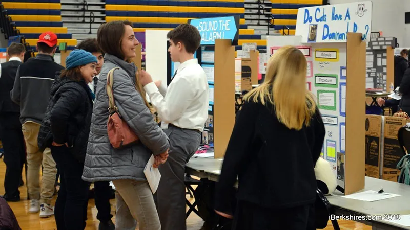People and students visiting a high school science fair