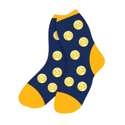 Blue socks with yellow/gold informal Smith College seals