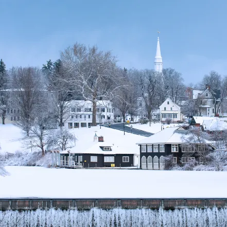 Paradise Pond spillway covered in snow